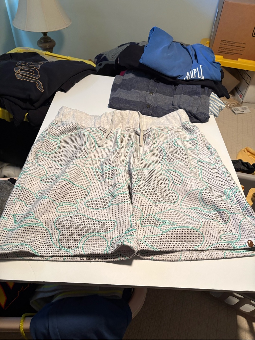 Bape Men's Glow in the Dark Camo Shorts in Light Gray with Aqua Accents